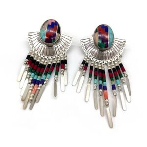 Vintage Zuni Style Sterling Silver Multi-Stone Inlay Fan Dangle Earrings Q.T.